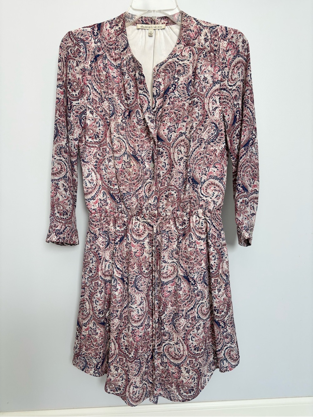 Daniel Rainn Paisley Long-Sleeve Shirt Dress in Pink and Navy